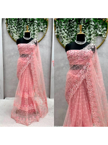 Designer Sequence Thread Work Soft Net Wedding Wear Saree Blouse-KD486_Pink