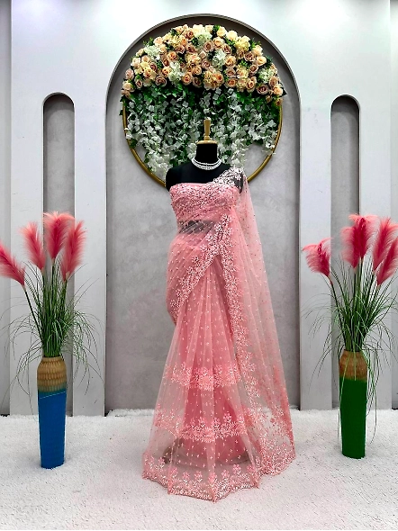 Designer Sequence Thread Work Soft Net Wedding Wear Saree Blouse-Pink-1