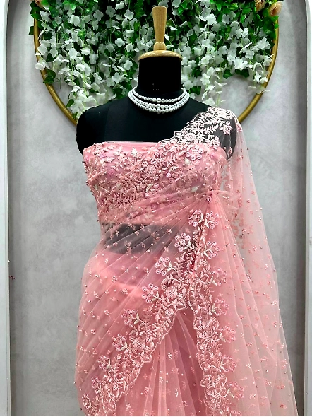 Designer Sequence Thread Work Soft Net Wedding Wear Saree Blouse-Pink-2