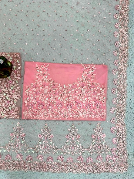 Designer Sequence Thread Work Soft Net Wedding Wear Saree Blouse-Pink-5