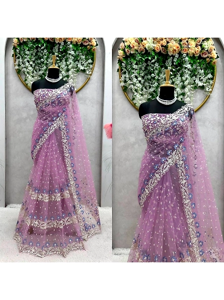 Designer Sequence Thread Work Soft Net Wedding Wear Saree Blouse-KD486_Purple