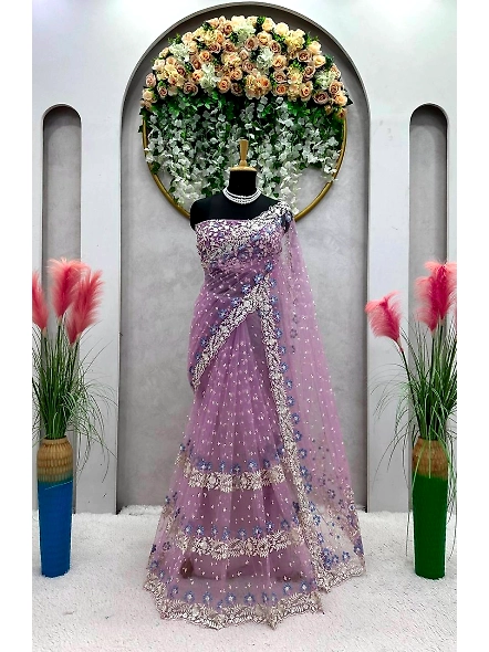 Designer Sequence Thread Work Soft Net Wedding Wear Saree Blouse-Purple-1