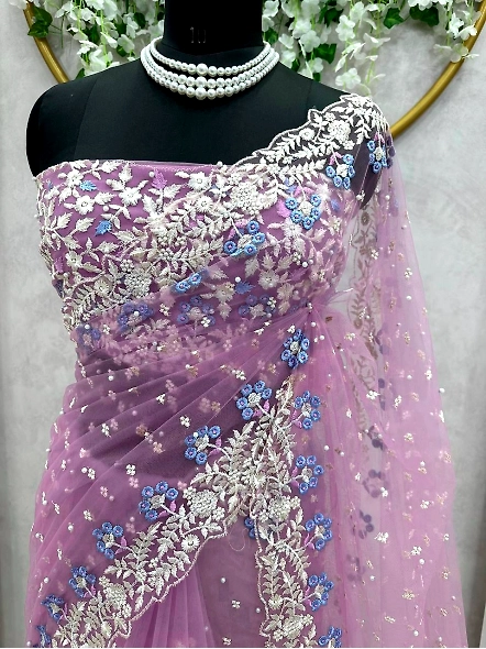 Designer Sequence Thread Work Soft Net Wedding Wear Saree Blouse-Purple-2
