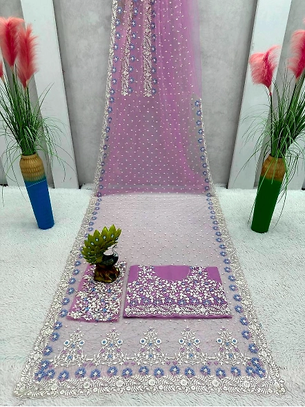 Designer Sequence Thread Work Soft Net Wedding Wear Saree Blouse-Purple-4