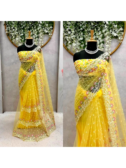 Designer Sequence Thread Work Soft Net Wedding Wear Saree Blouse-KD486_Yellow
