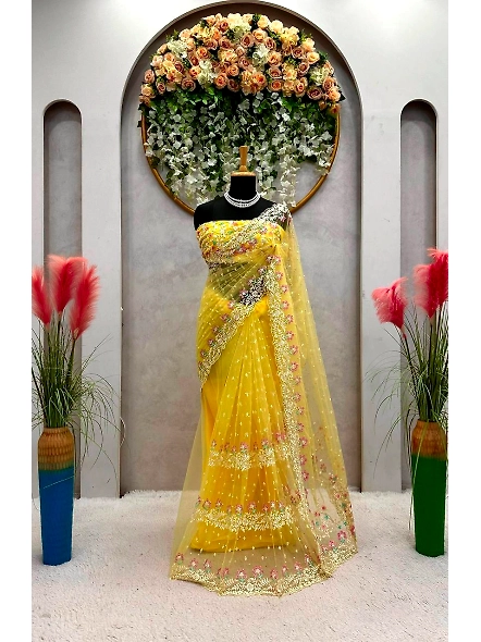Designer Sequence Thread Work Soft Net Wedding Wear Saree Blouse-Yellow-1
