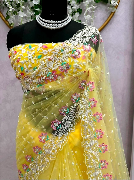 Designer Sequence Thread Work Soft Net Wedding Wear Saree Blouse-Yellow-2