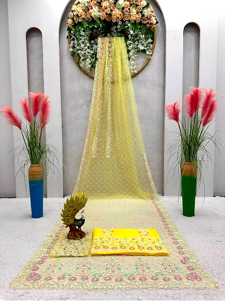 Designer Sequence Thread Work Soft Net Wedding Wear Saree Blouse-Yellow-3