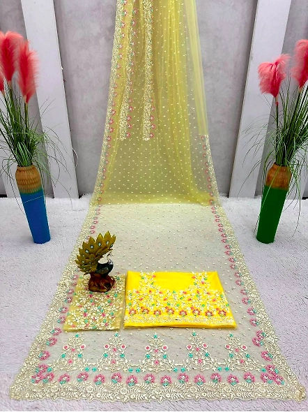 Designer Sequence Thread Work Soft Net Wedding Wear Saree Blouse-Yellow-4
