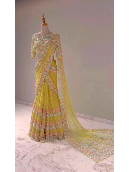 Designer Sequence Thread Work Soft Net Wedding Wear Saree Blouse-Yellow-5