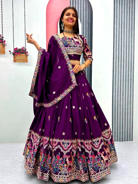 Purple embroidered lehenga choli set, showcasing regal elegance with intricate designs and a royal b