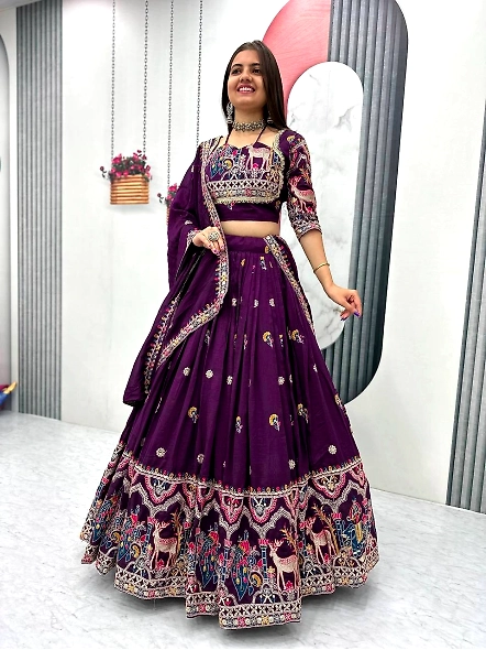 Purple Vichitra Lehenga Choli Set for Elegant Ethnic Style-Purple-M-2