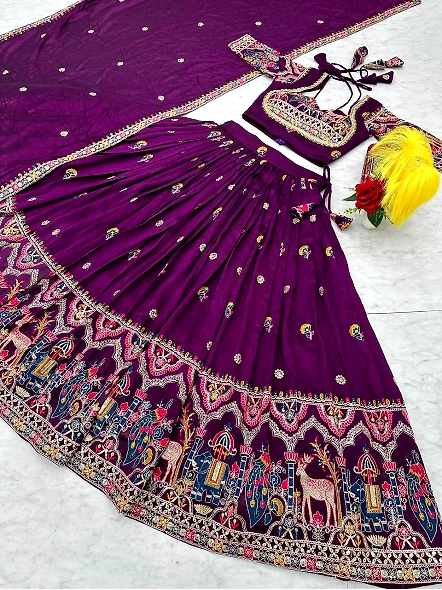 Purple Vichitra Lehenga Choli Set for Elegant Ethnic Style-Purple-M-4