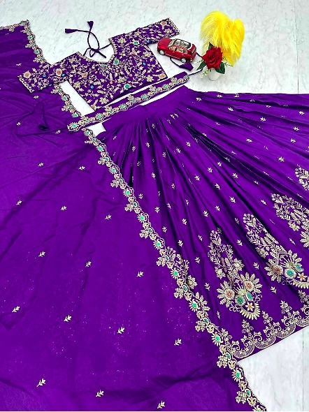 Exquisite Bluish Purple Vichitra Silk Lehenga Choli Set-Purple-M-4