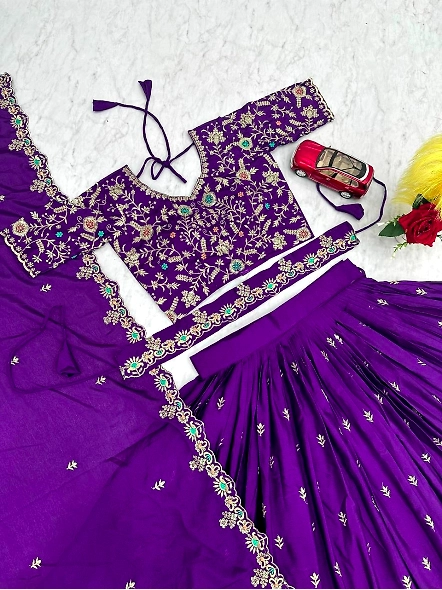 Exquisite Bluish Purple Vichitra Silk Lehenga Choli Set-Purple-M-5