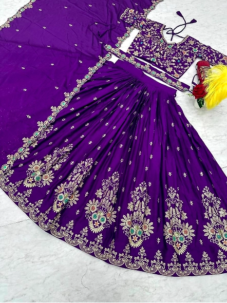 Exquisite Bluish Purple Vichitra Silk Lehenga Choli Set-Purple-L-3