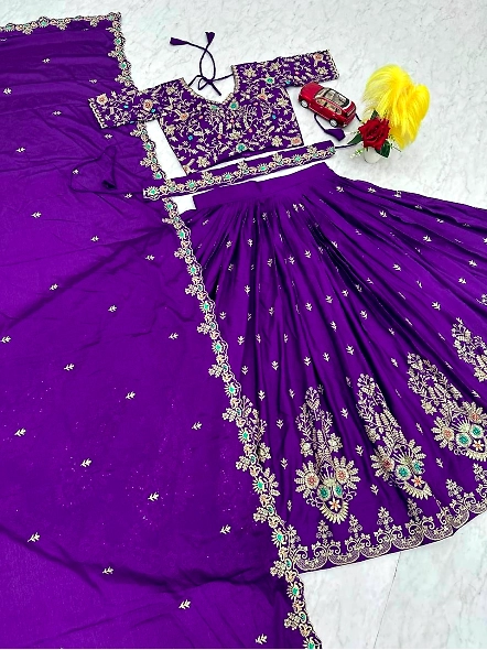 Exquisite Bluish Purple Vichitra Silk Lehenga Choli Set-Purple-XL-2