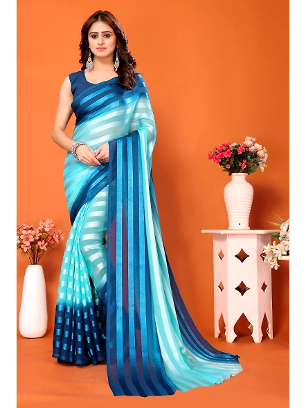 Elegant Women Striped Saree with Contrast Border-Komila_Blue