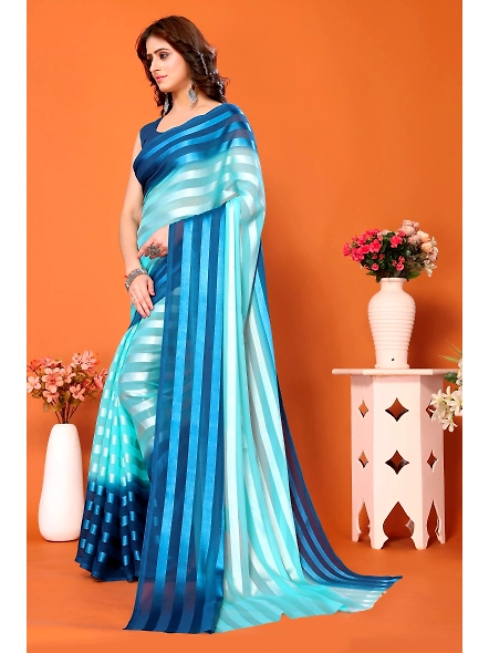 Elegant Women Striped Saree with Contrast Border-Blue-1