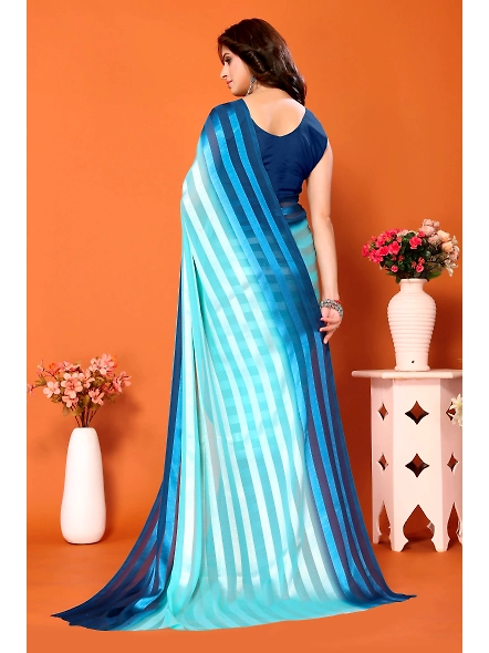 Elegant Women Striped Saree with Contrast Border-Blue-2