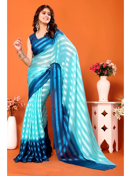 Elegant Women Striped Saree with Contrast Border-Blue-3