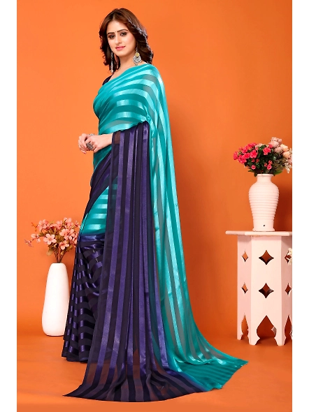 Elegant Women Striped Saree with Contrast Border-Cyan-1