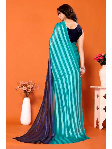 Elegant Women Striped Saree with Contrast Border-Cyan-2