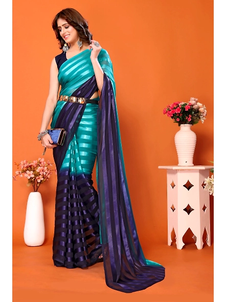 Elegant Women Striped Saree with Contrast Border-Cyan-3