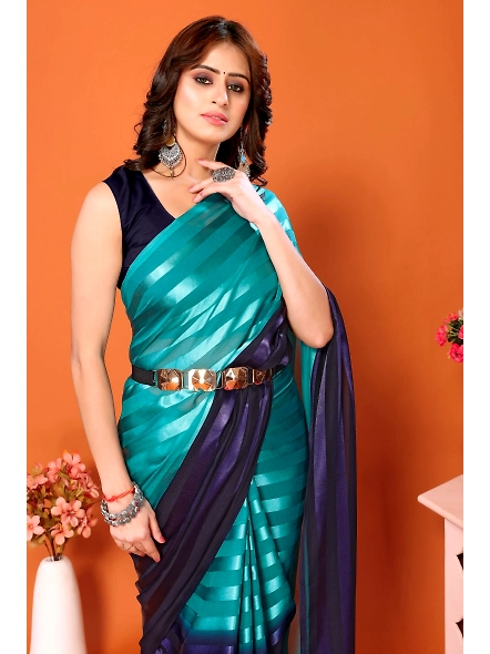 Elegant Women Striped Saree with Contrast Border-Cyan-4