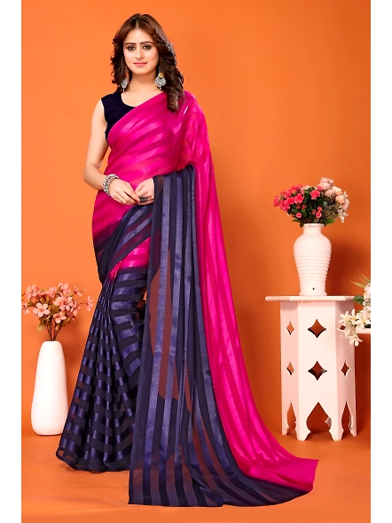 Elegant Women Striped Saree with Contrast Border-Komil_NavyPink