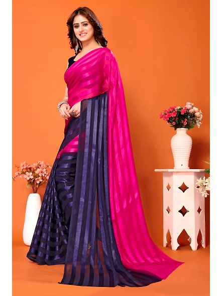 Elegant Women Striped Saree with Contrast Border-NavyPink-1
