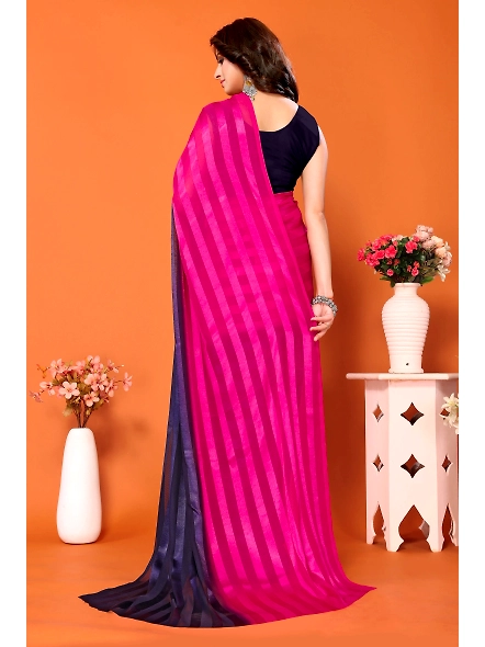 Elegant Women Striped Saree with Contrast Border-NavyPink-2