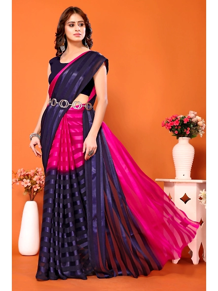 Elegant Women Striped Saree with Contrast Border-NavyPink-3
