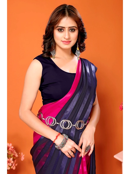 Elegant Women Striped Saree with Contrast Border-NavyPink-4