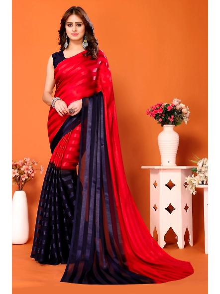 Elegant Women Striped Saree with Contrast Border-Komila_Red