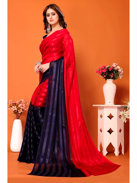 Elegant Women Striped Saree with Contrast Border-Red-1