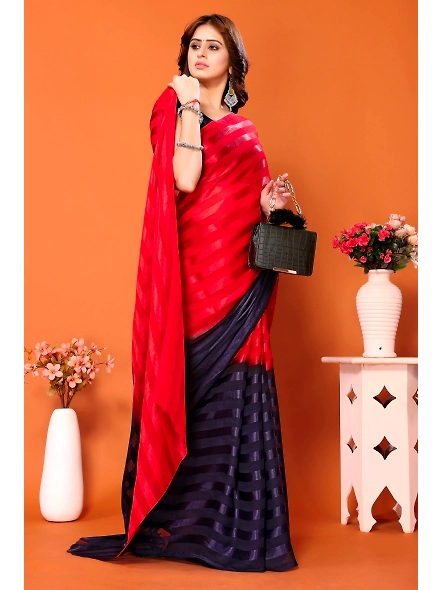 Elegant Women Striped Saree with Contrast Border-Red-2