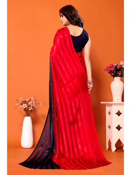 Elegant Women Striped Saree with Contrast Border-Red-3