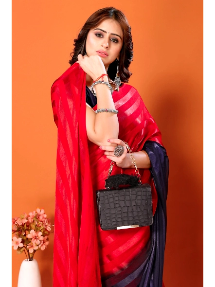Elegant Women Striped Saree with Contrast Border-Red-4
