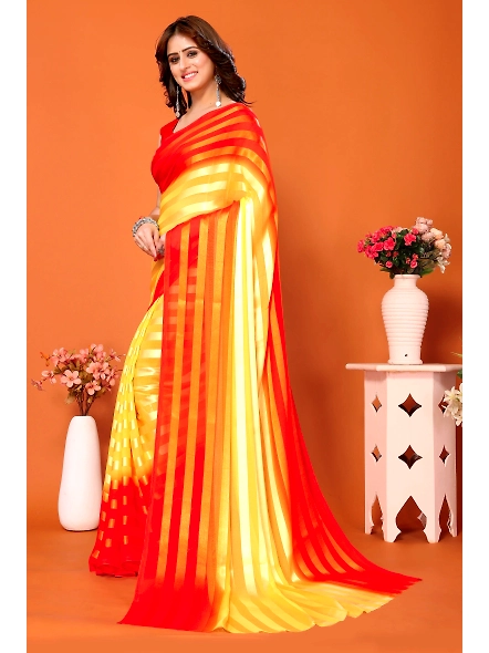 Elegant Women Striped Saree with Contrast Border-Orange-1