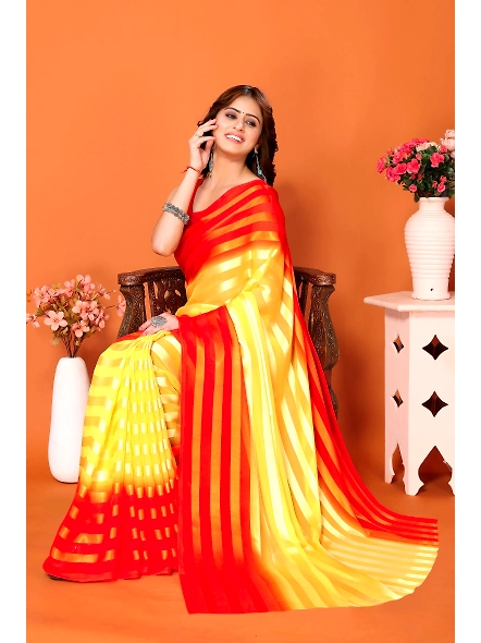 Elegant Women Striped Saree with Contrast Border-Orange-3