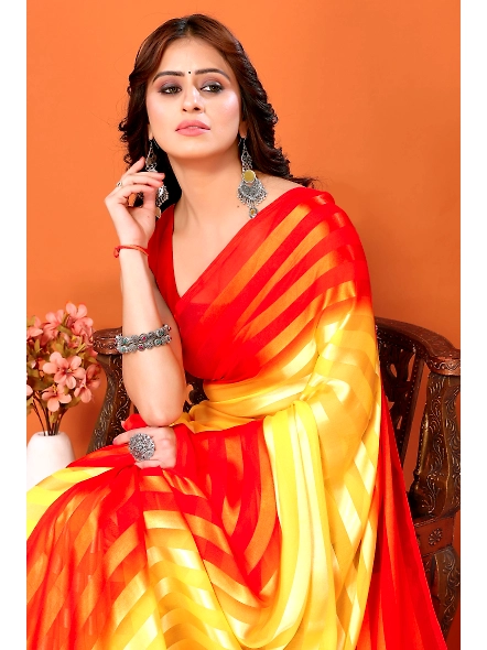 Elegant Women Striped Saree with Contrast Border-Orange-4
