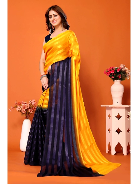 Elegant Women Striped Saree with Contrast Border-Yellow-1
