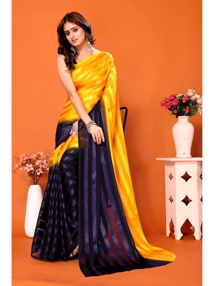 Elegant Women Striped Saree with Contrast Border-Yellow-2