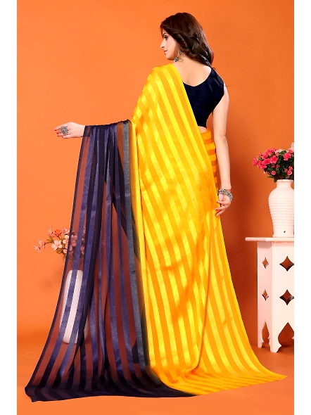 Elegant Women Striped Saree with Contrast Border-Yellow-3