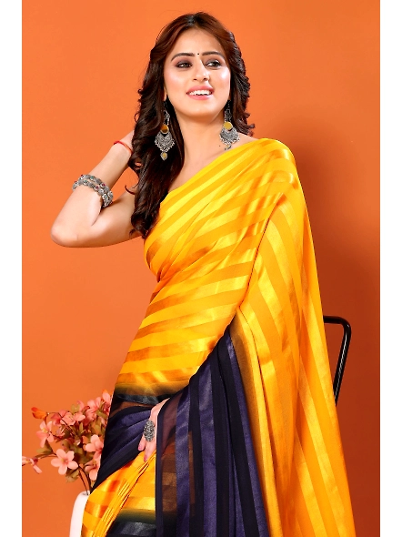 Elegant Women Striped Saree with Contrast Border-Yellow-4