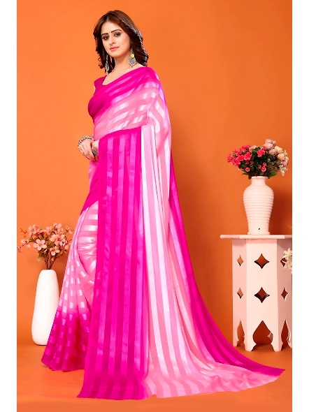 Elegant Women Striped Saree with Contrast Border-PinkWhite-1