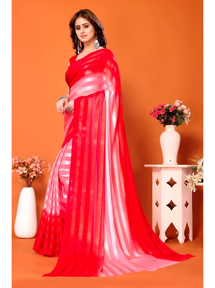 Elegant Women Striped Saree with Contrast Border-RedWhite-1