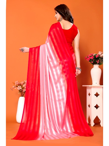 Elegant Women Striped Saree with Contrast Border-RedWhite-2
