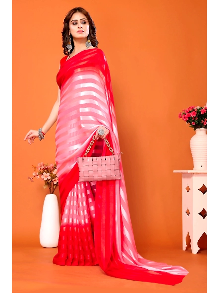 Elegant Women Striped Saree with Contrast Border-RedWhite-3